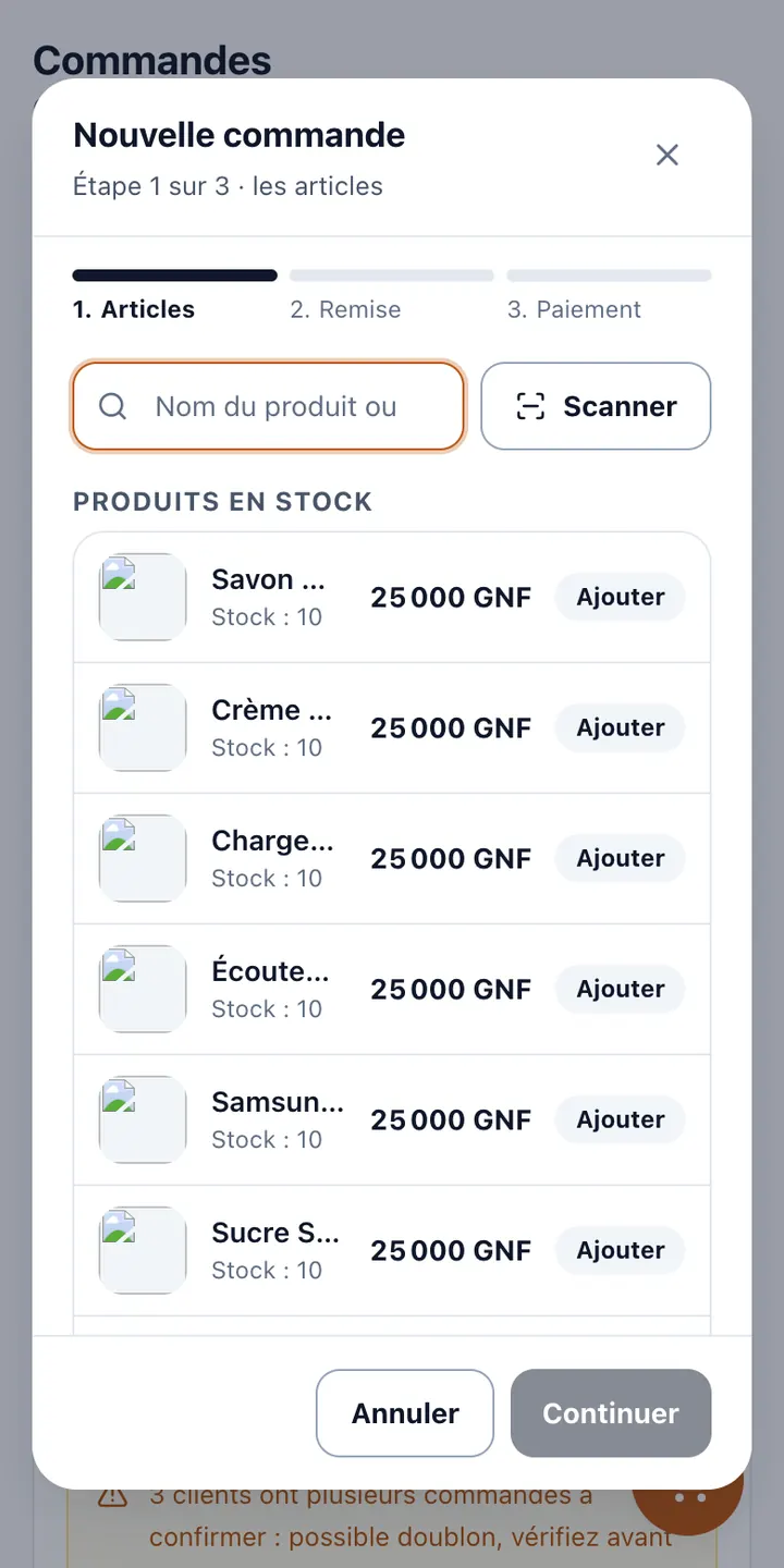 Nouvelle commande : articles, remise, paiement.