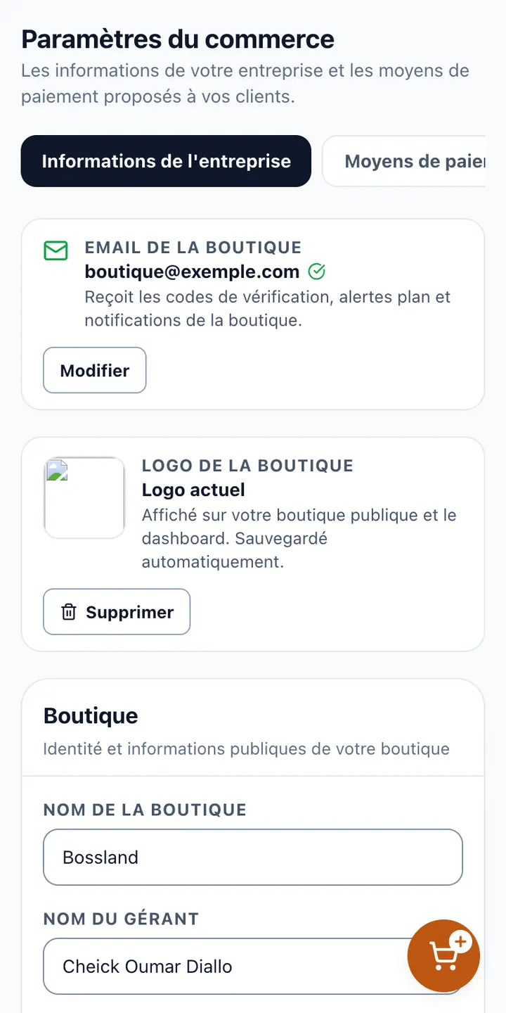 Les réglages de votre commerce.