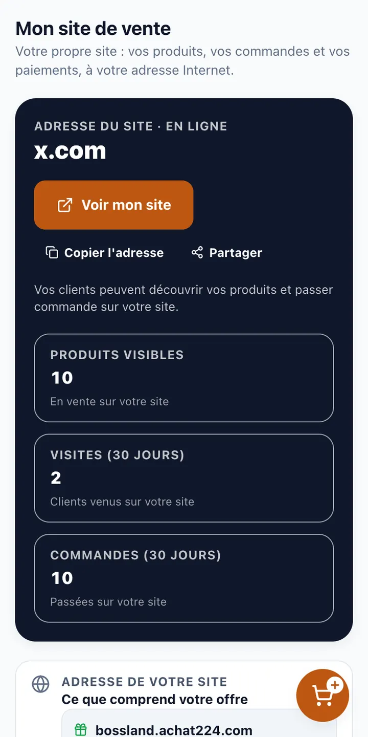 Mon site de vente : aperçu, adresse, personnalisation.