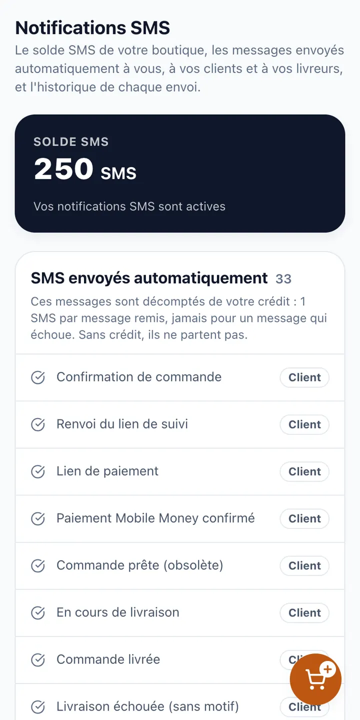 Votre crédit, les SMS envoyés et le relevé.