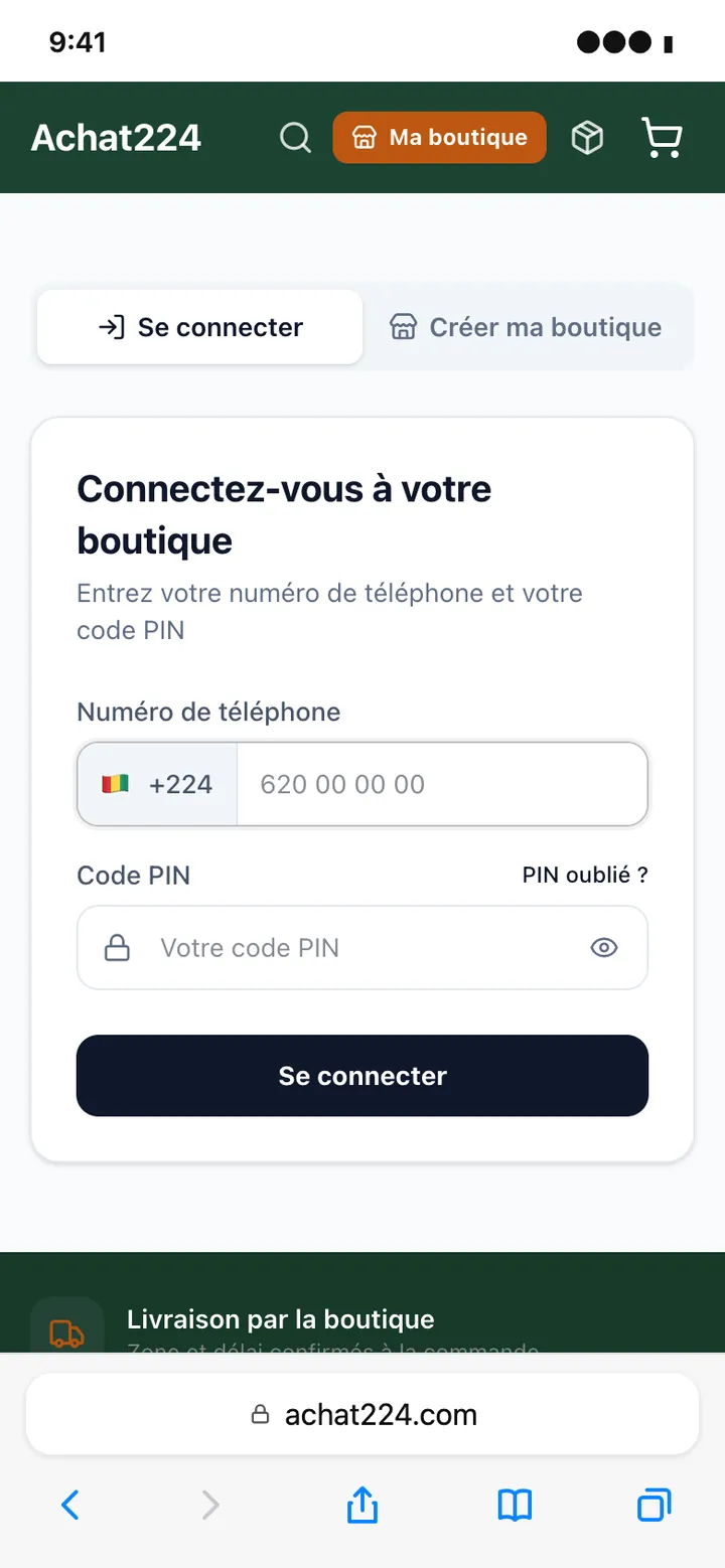 Écran : Ouvrez Achat224 dans Safari, puis touchez Partager